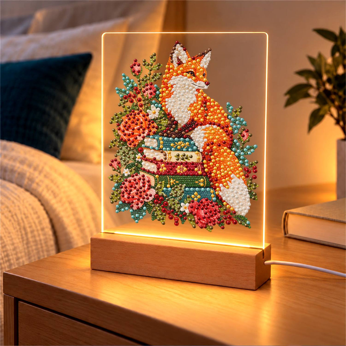 Fox Atop a Stack of Books (Light-Up Pearl Painting)