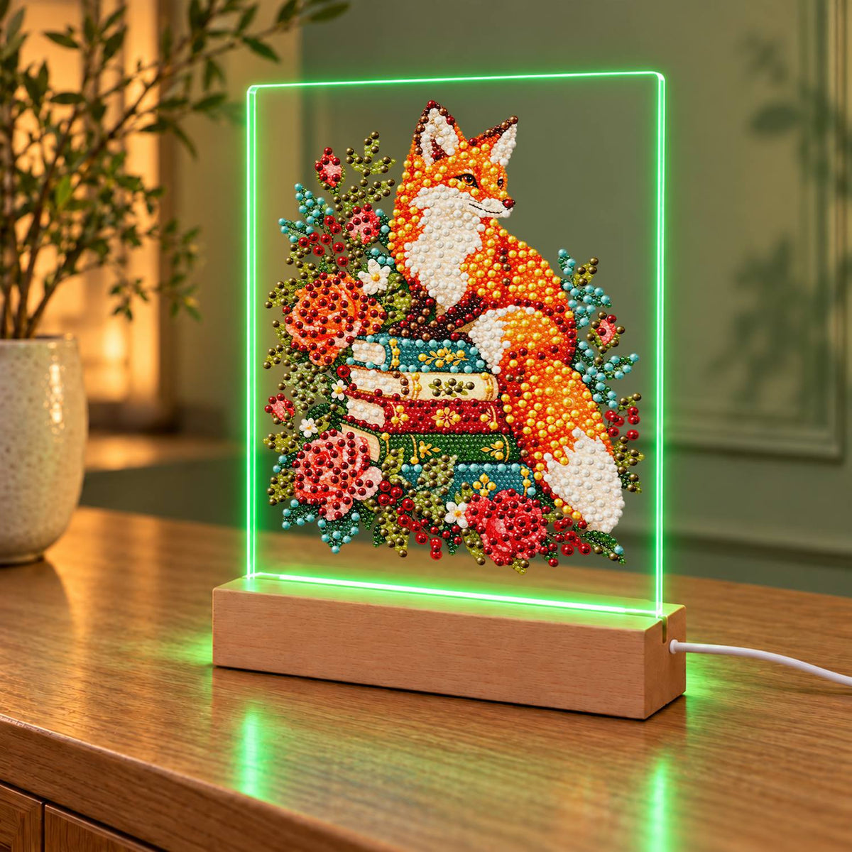 Fox Atop a Stack of Books (Light-Up Pearl Painting)
