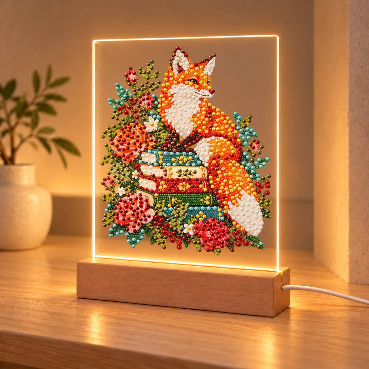 Fox Atop a Stack of Books (Light-Up Pearl Painting)