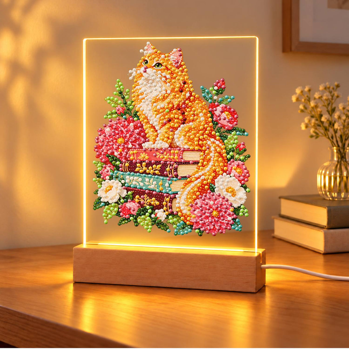 Fluffy Ginger Cat in Peonies (Light-Up Pearl Painting)