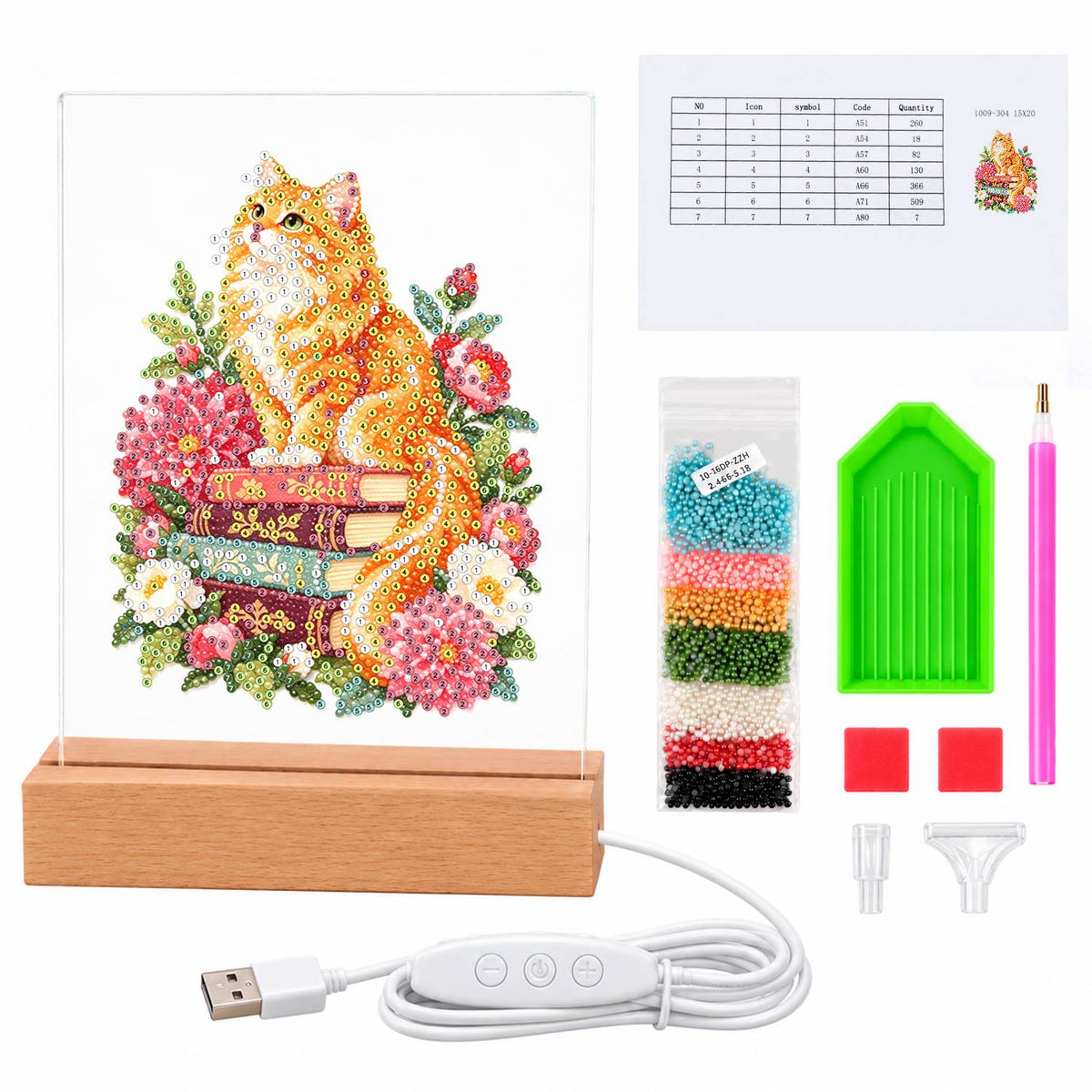 Fluffy Ginger Cat in Peonies (Light-Up Pearl Painting)