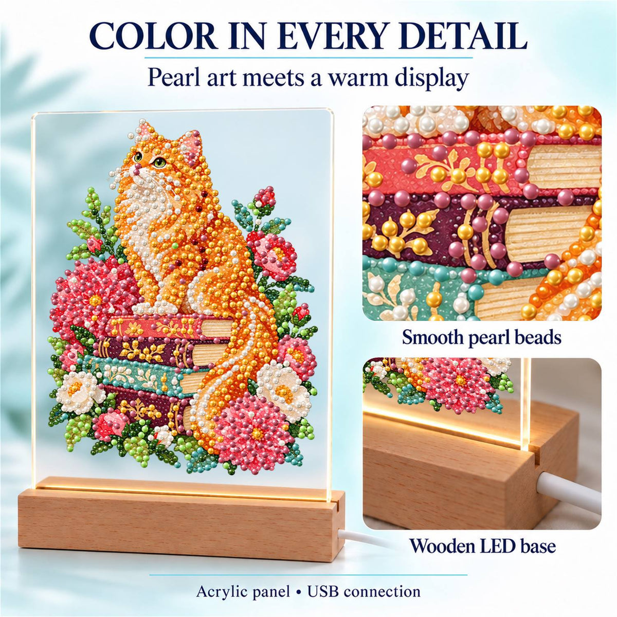 Fluffy Ginger Cat in Peonies (Light-Up Pearl Painting)
