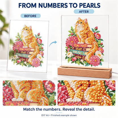 Fluffy Ginger Cat in Peonies (Light-Up Pearl Painting)