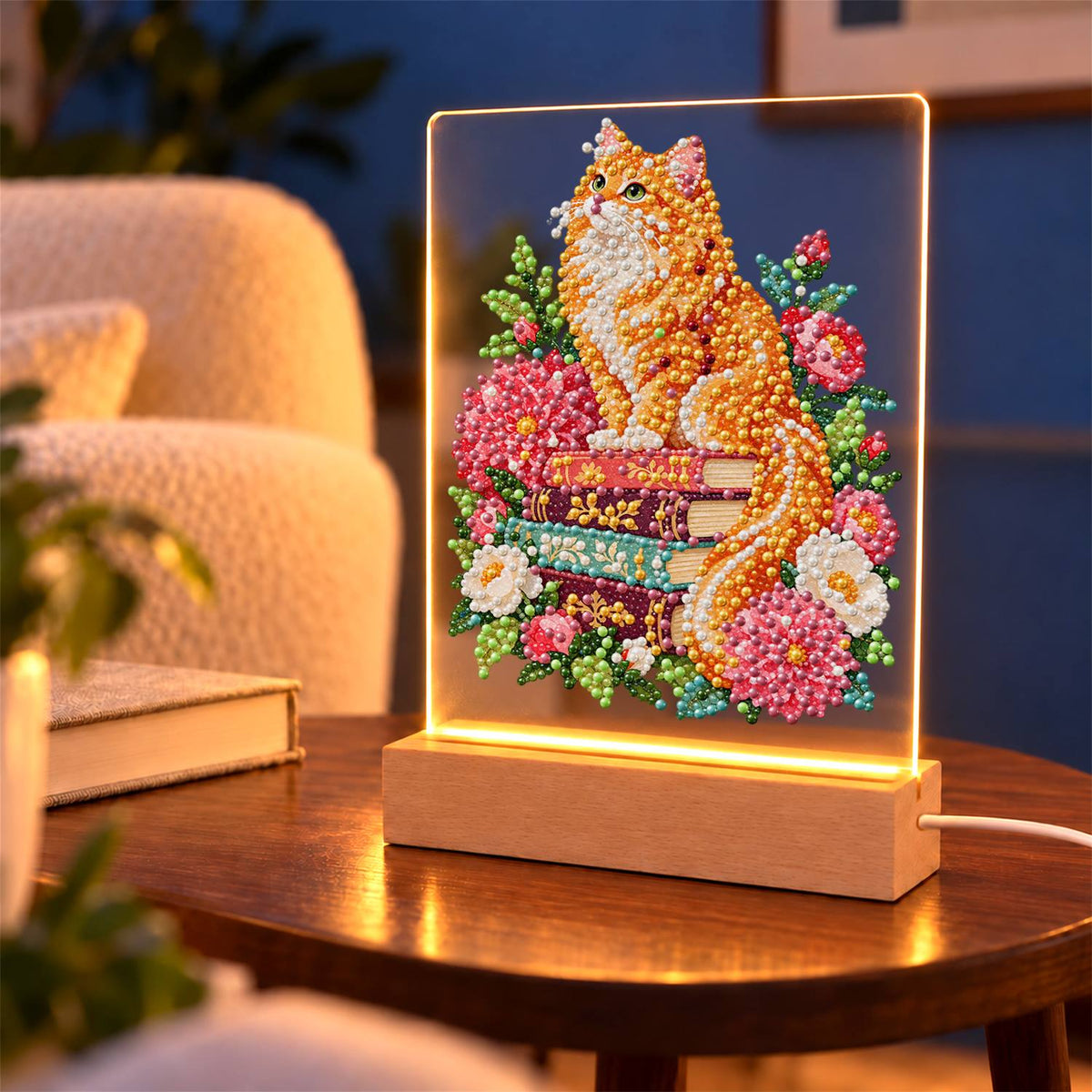 Fluffy Ginger Cat in Peonies (Light-Up Pearl Painting)