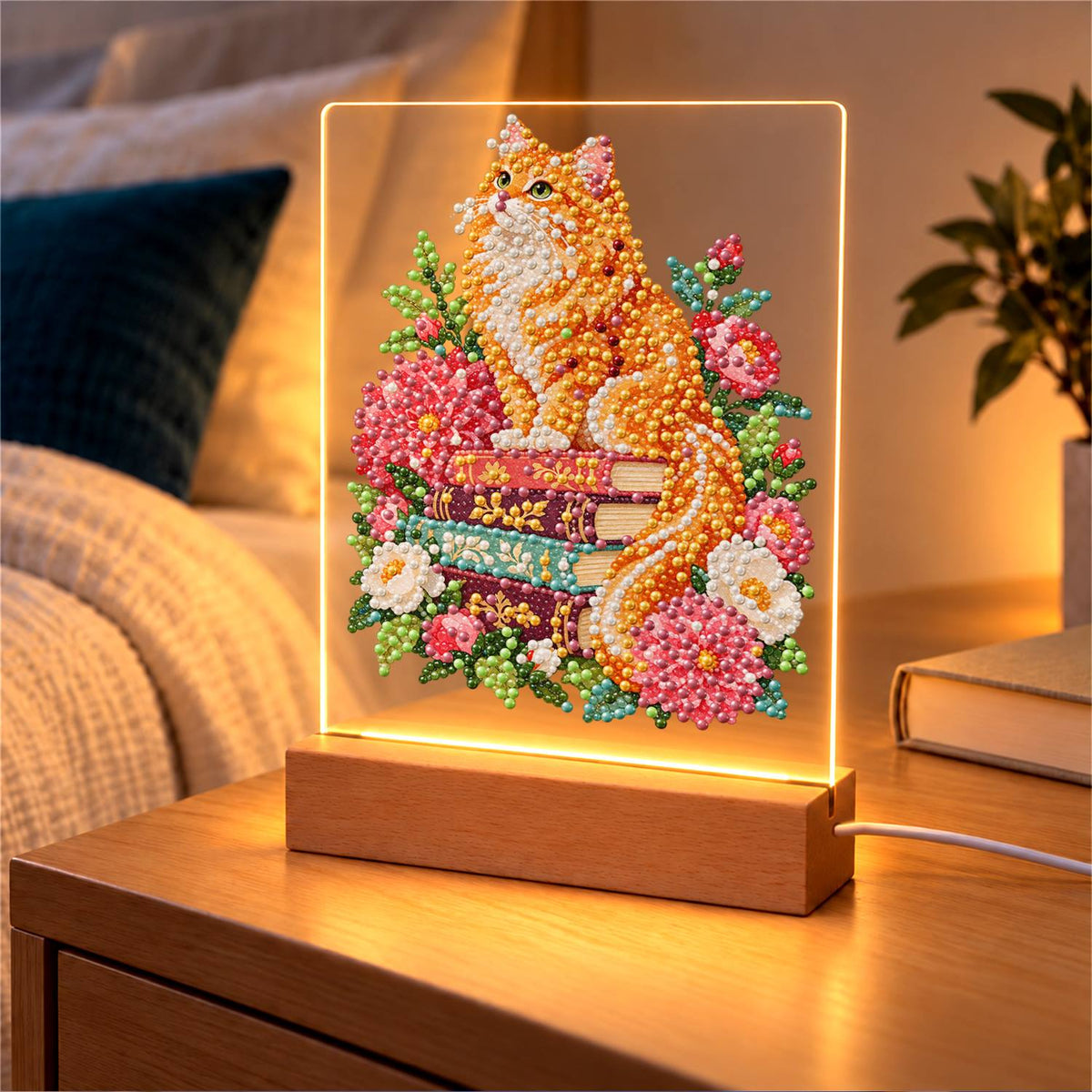 Fluffy Ginger Cat in Peonies (Light-Up Pearl Painting)
