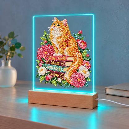 Fluffy Ginger Cat in Peonies (Light-Up Pearl Painting)