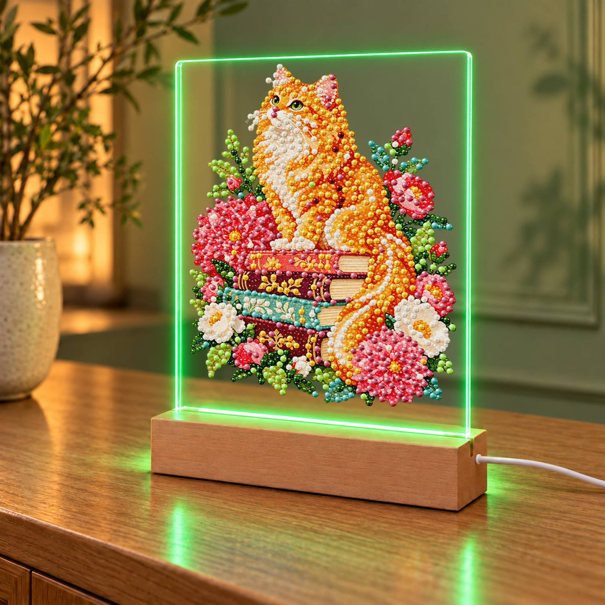 Fluffy Ginger Cat in Peonies (Light-Up Pearl Painting)