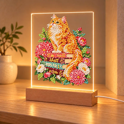 Fluffy Ginger Cat in Peonies (Light-Up Pearl Painting)