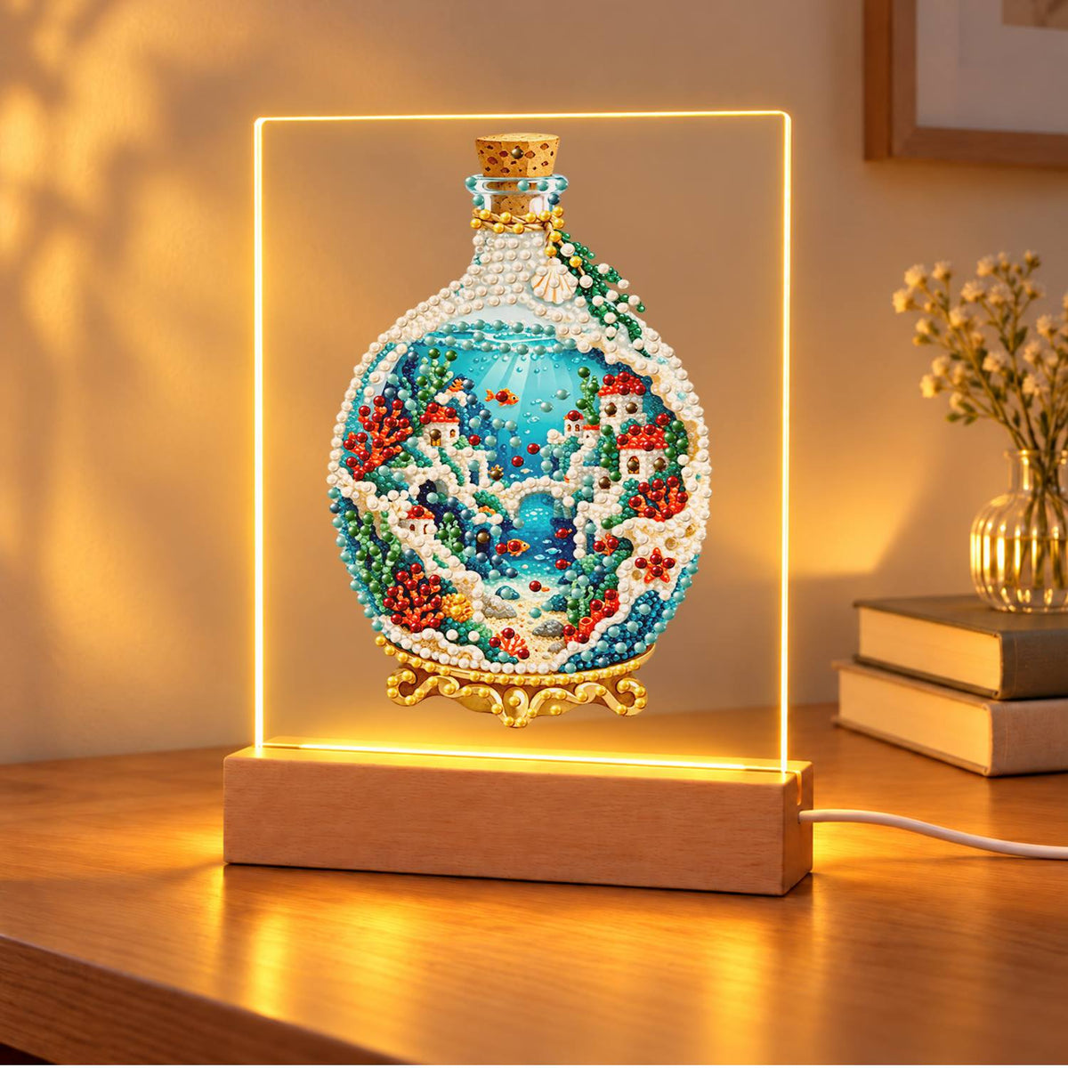 Seaside Village in a Corked Bottle (Light-Up Pearl Painting)