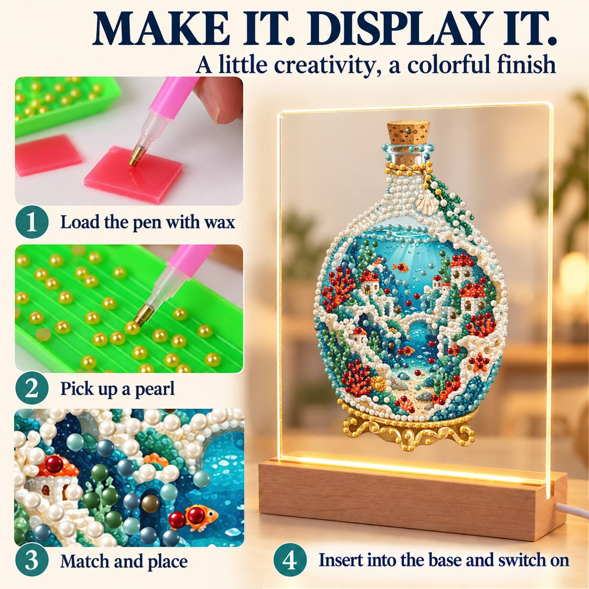 Seaside Village in a Corked Bottle (Light-Up Pearl Painting)