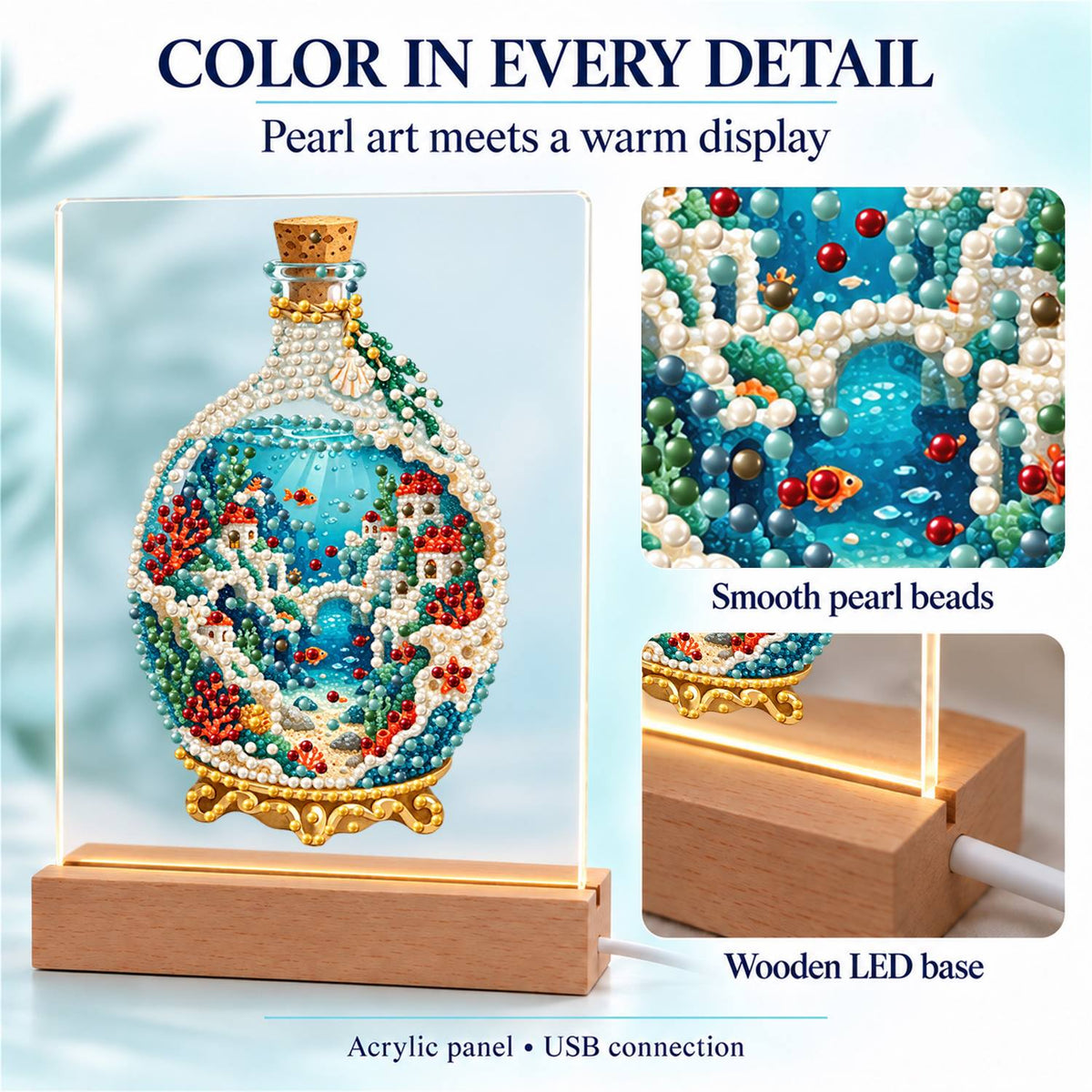 Seaside Village in a Corked Bottle (Light-Up Pearl Painting)