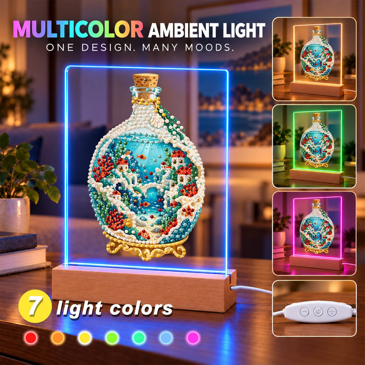 Seaside Village in a Corked Bottle (Light-Up Pearl Painting)