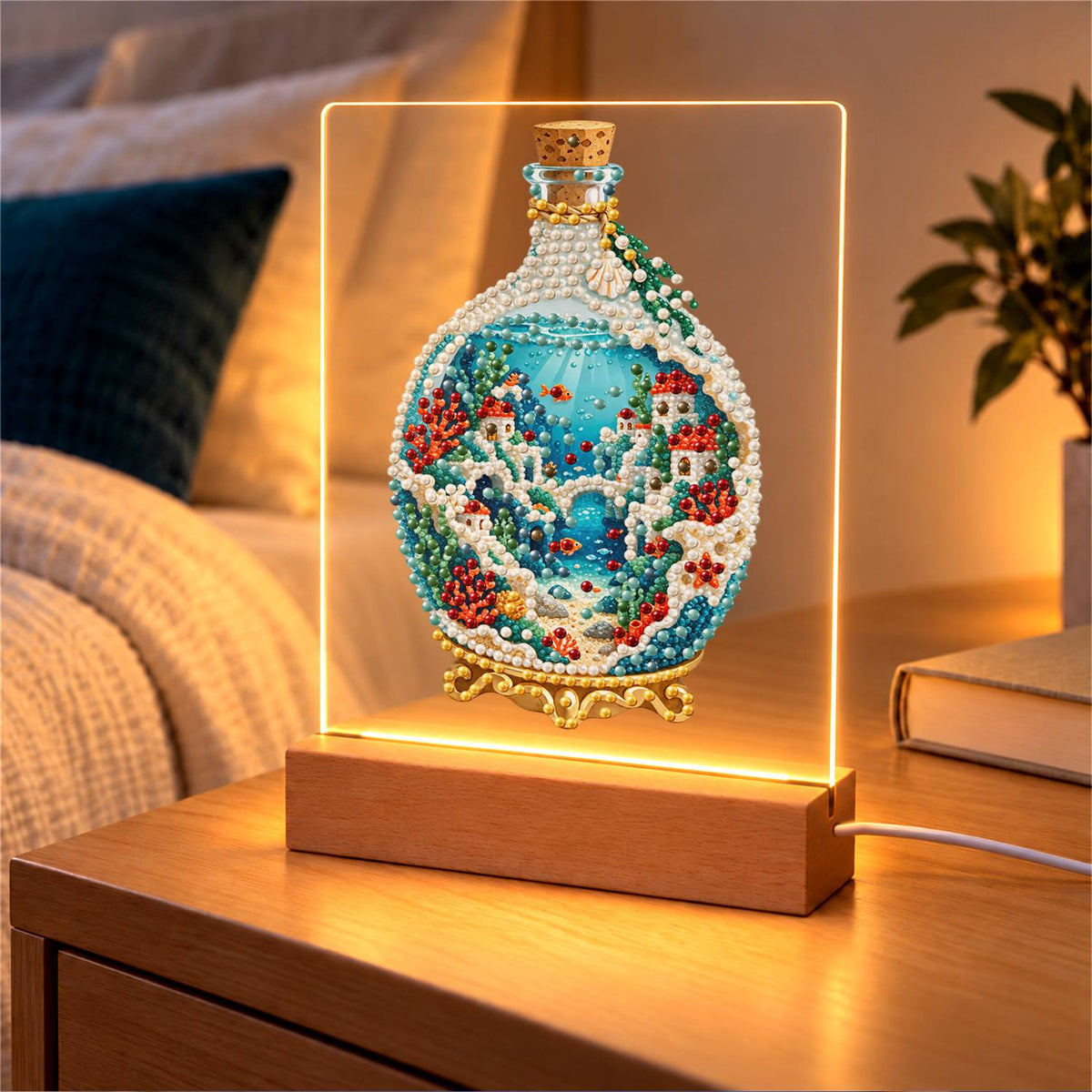 Seaside Village in a Corked Bottle (Light-Up Pearl Painting)