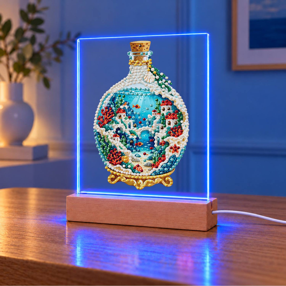 Seaside Village in a Corked Bottle (Light-Up Pearl Painting)