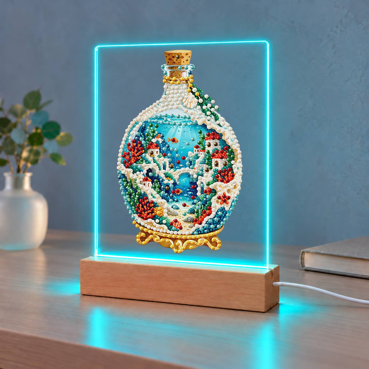Seaside Village in a Corked Bottle (Light-Up Pearl Painting)