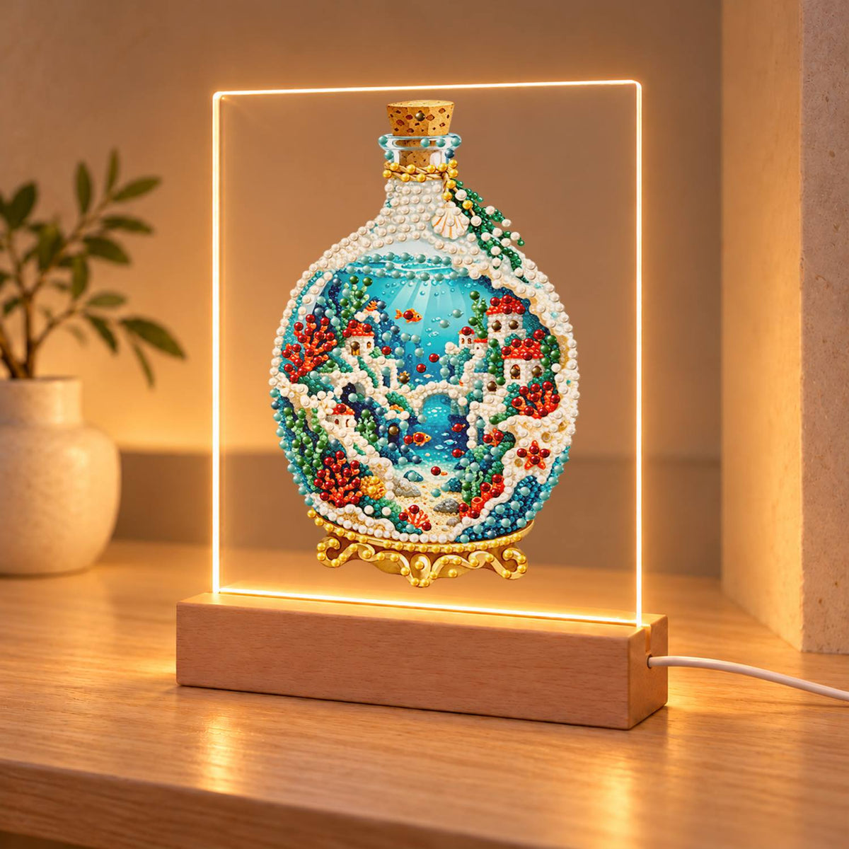 Seaside Village in a Corked Bottle (Light-Up Pearl Painting)