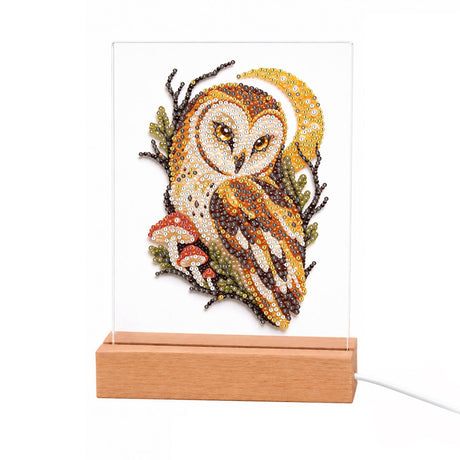 Barn Owl Under a Golden Moon light-up pearl painting – Barn owl perched on a twisted branch before a golden full moon, with red-capped mushrooms
