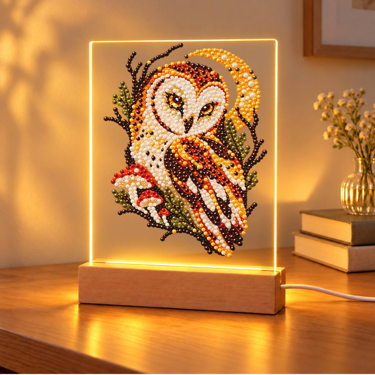 Barn Owl Under a Golden Moon (Light-Up Pearl Painting)