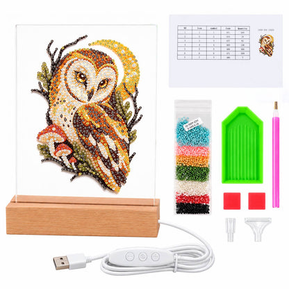 Barn Owl Under a Golden Moon (Light-Up Pearl Painting)