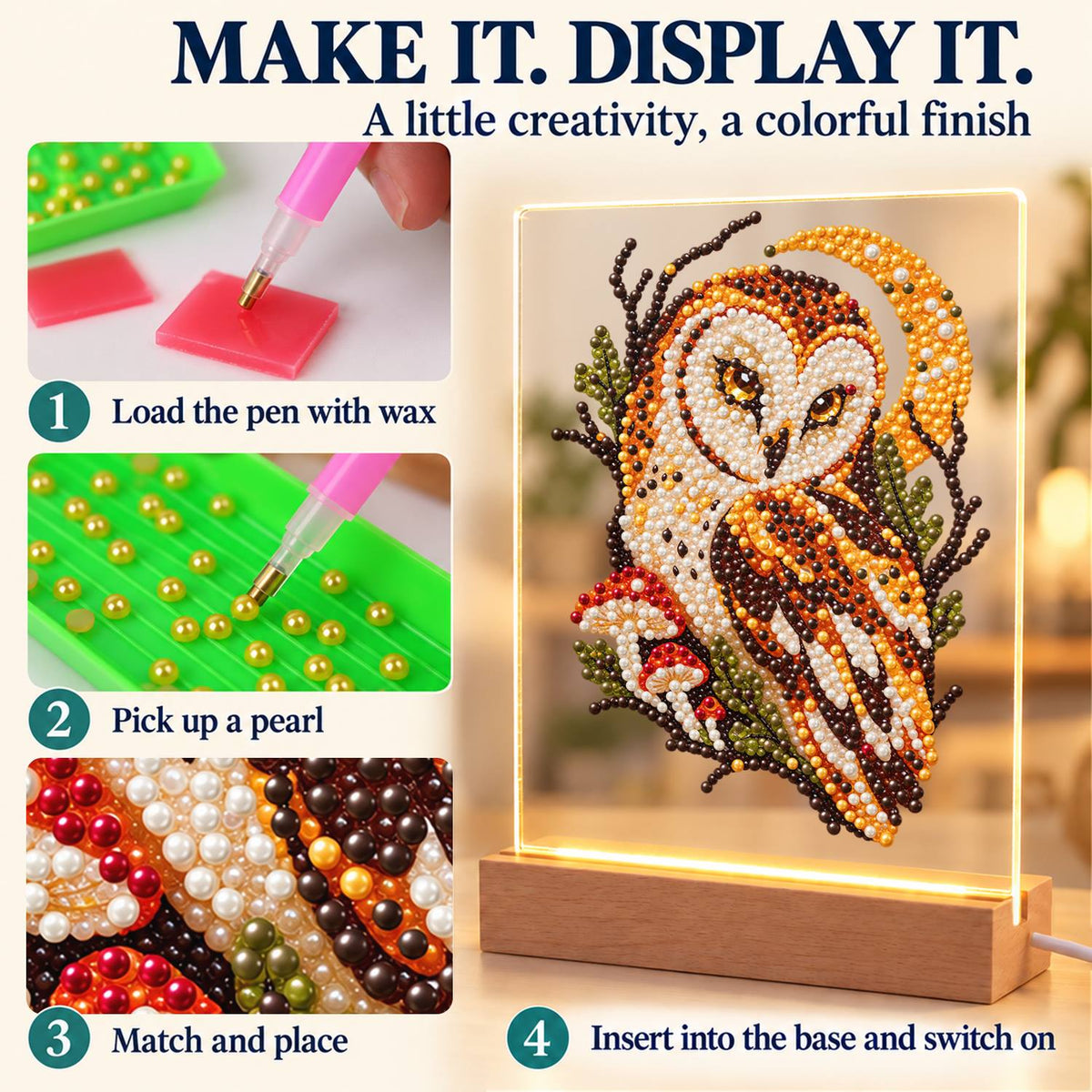 Barn Owl Under a Golden Moon (Light-Up Pearl Painting)
