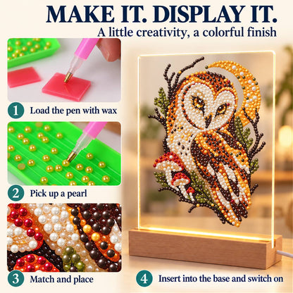 Barn Owl Under a Golden Moon (Light-Up Pearl Painting)