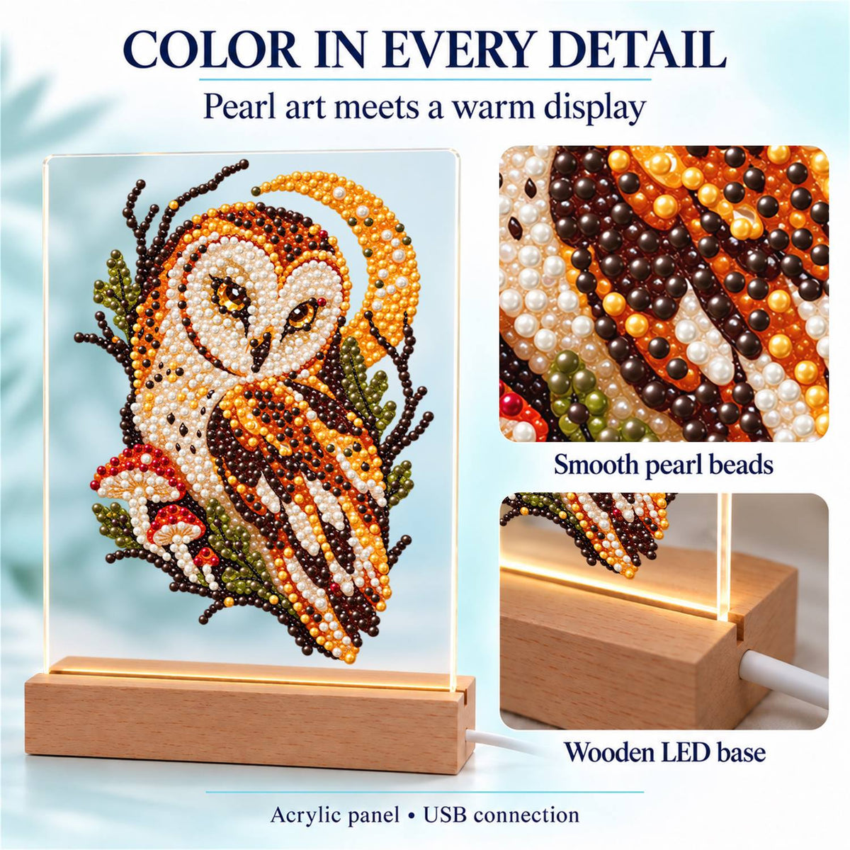 Barn Owl Under a Golden Moon (Light-Up Pearl Painting)