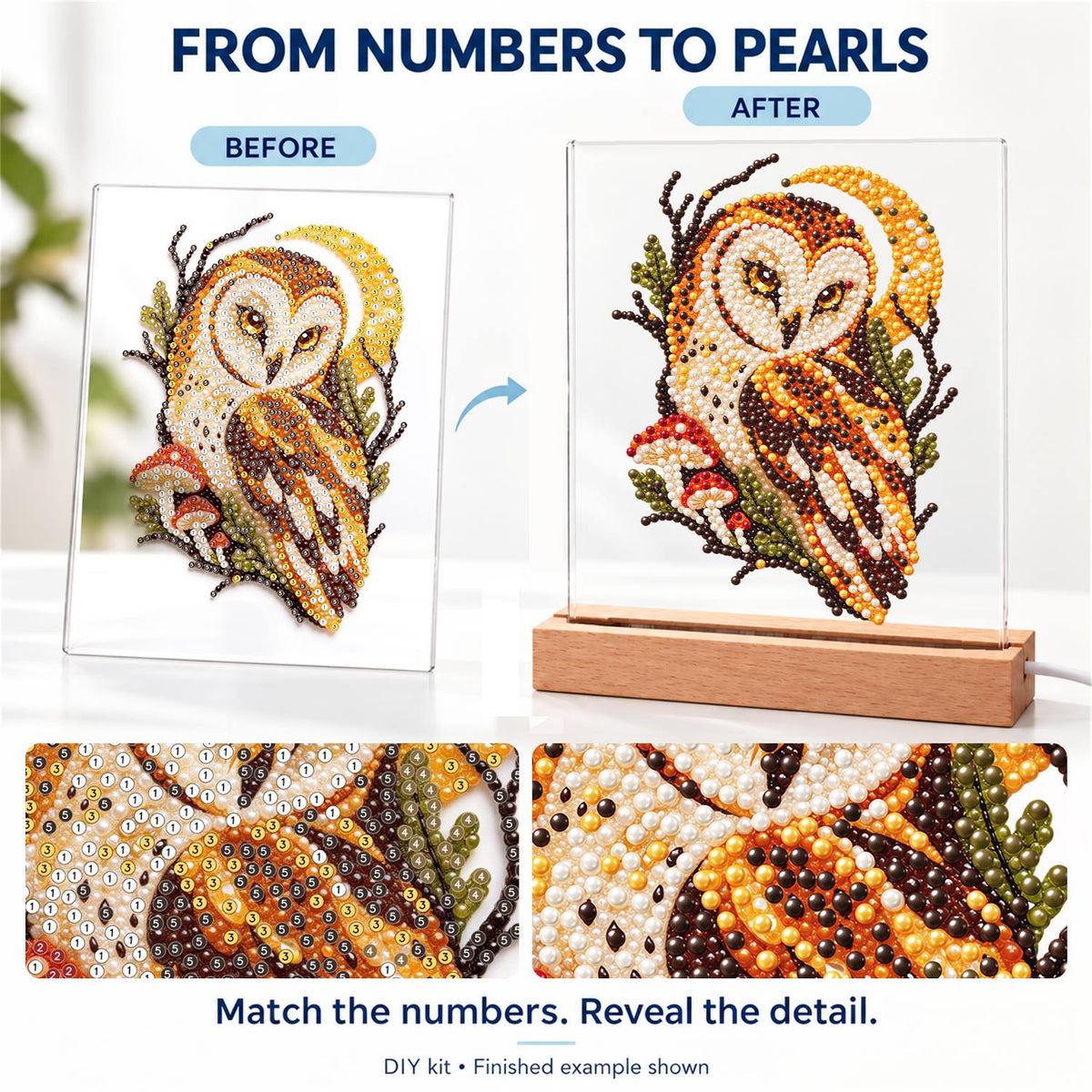 Barn Owl Under a Golden Moon (Light-Up Pearl Painting)