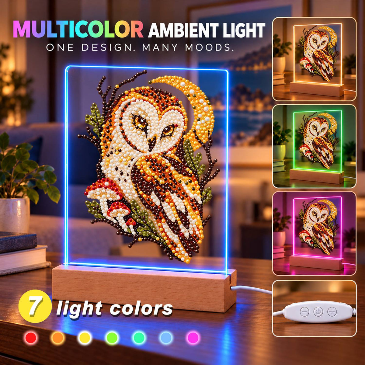 Barn Owl Under a Golden Moon (Light-Up Pearl Painting)