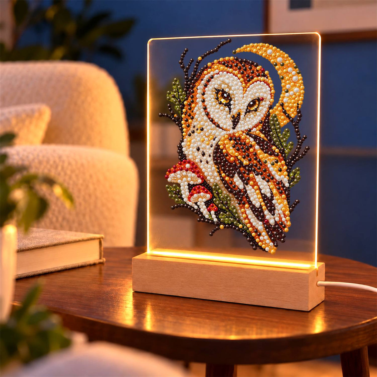 Barn Owl Under a Golden Moon (Light-Up Pearl Painting)