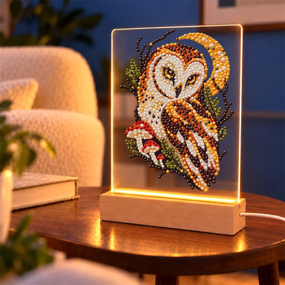 Barn Owl Under a Golden Moon (Light-Up Pearl Painting)