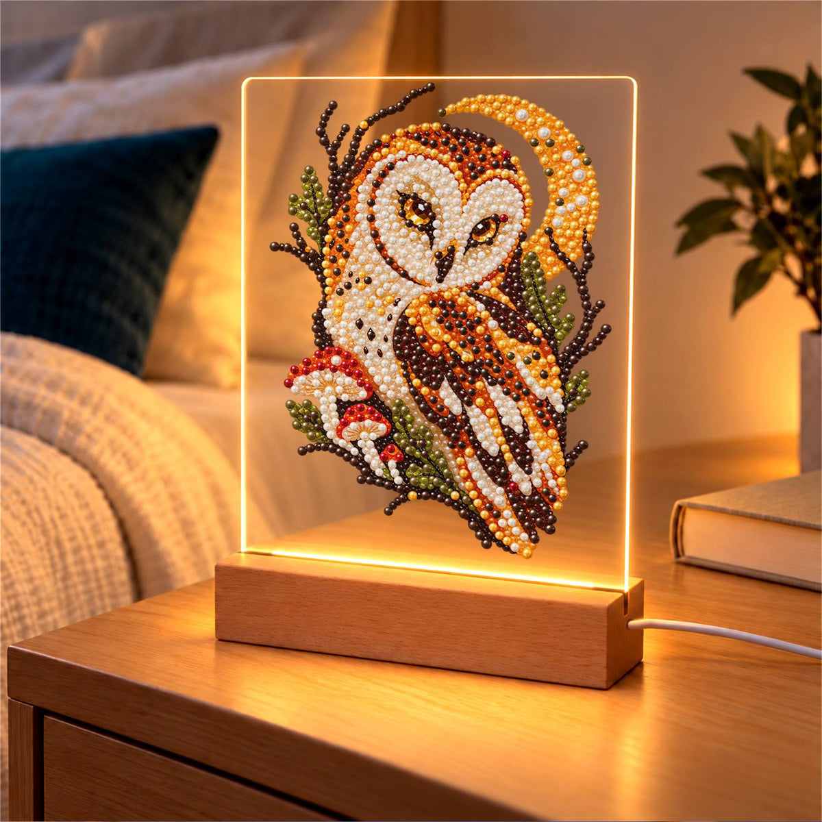 Barn Owl Under a Golden Moon (Light-Up Pearl Painting)