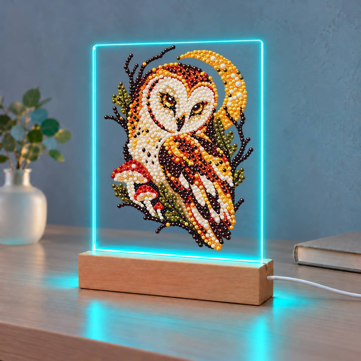 Barn Owl Under a Golden Moon (Light-Up Pearl Painting)