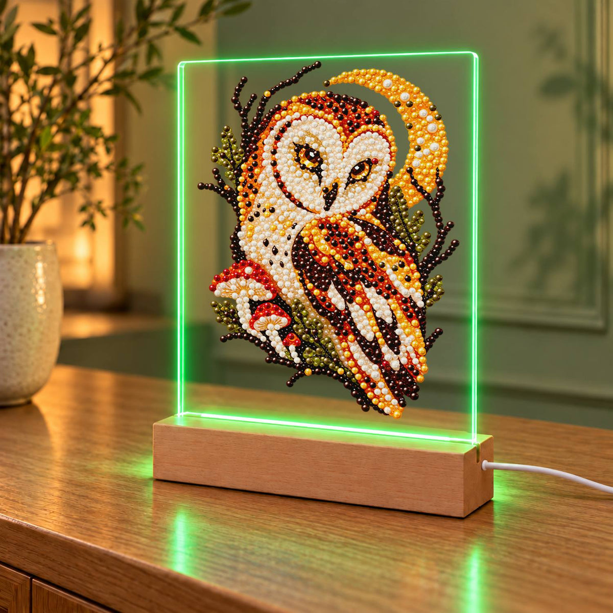 Barn Owl Under a Golden Moon (Light-Up Pearl Painting)