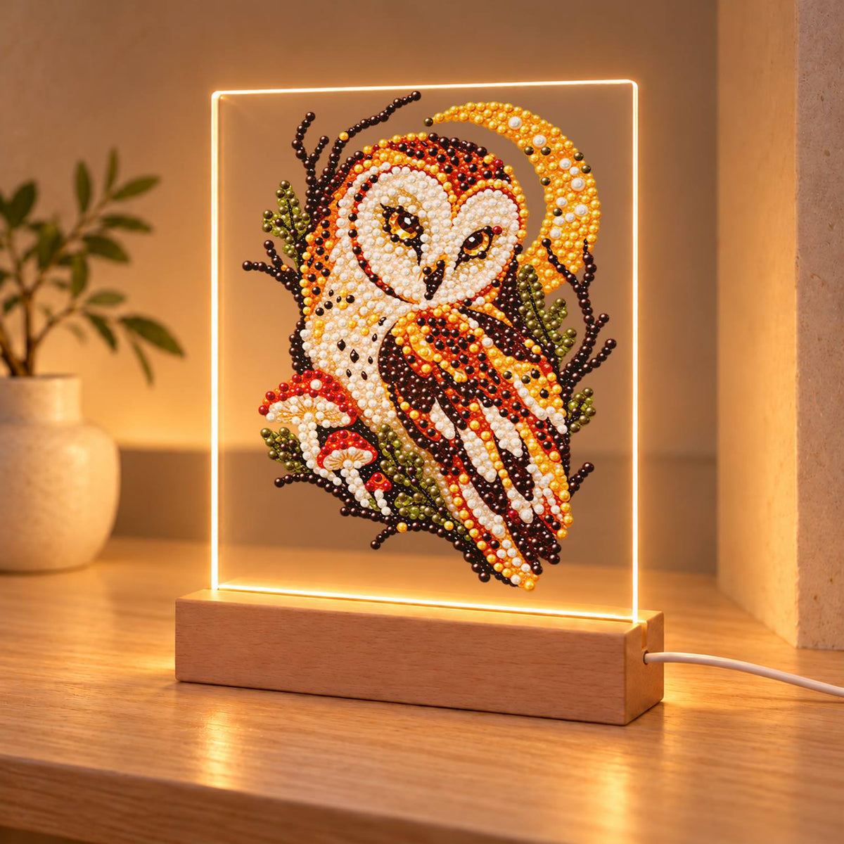 Barn Owl Under a Golden Moon (Light-Up Pearl Painting)