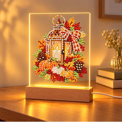 Candlelit Lantern in Fall Leaves (Light-Up Pearl Painting)