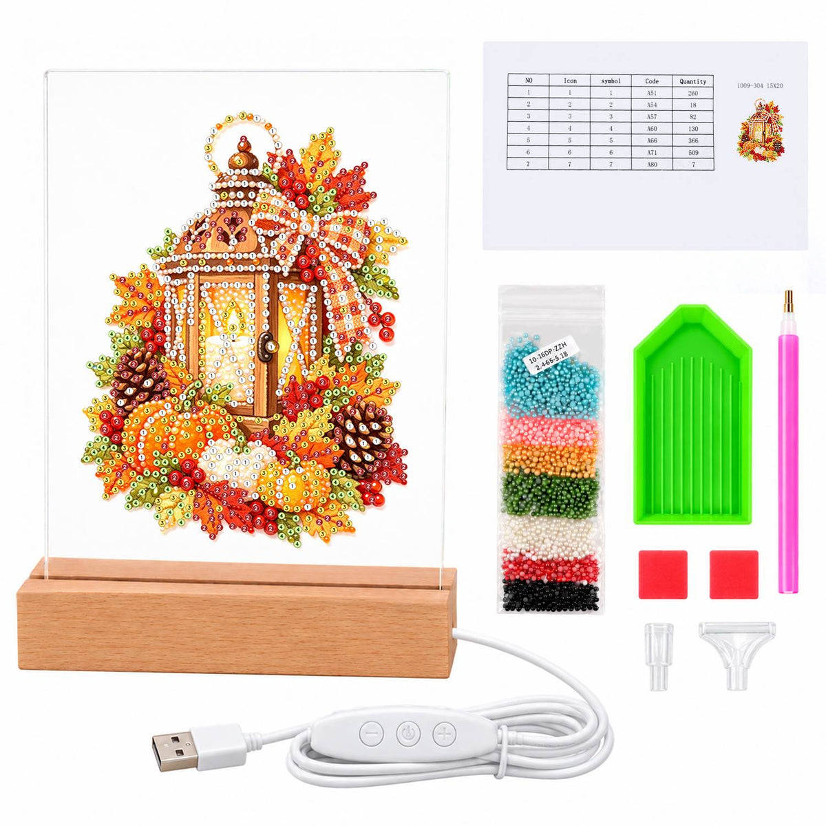 Candlelit Lantern in Fall Leaves (Light-Up Pearl Painting)
