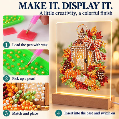 Candlelit Lantern in Fall Leaves (Light-Up Pearl Painting)