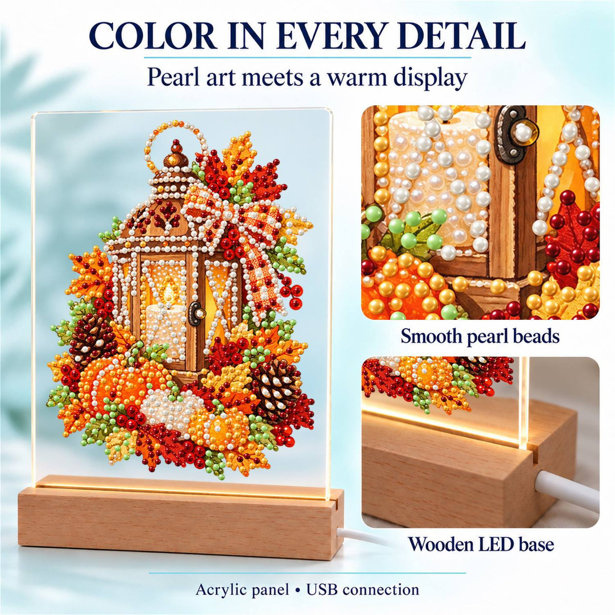 Candlelit Lantern in Fall Leaves (Light-Up Pearl Painting)