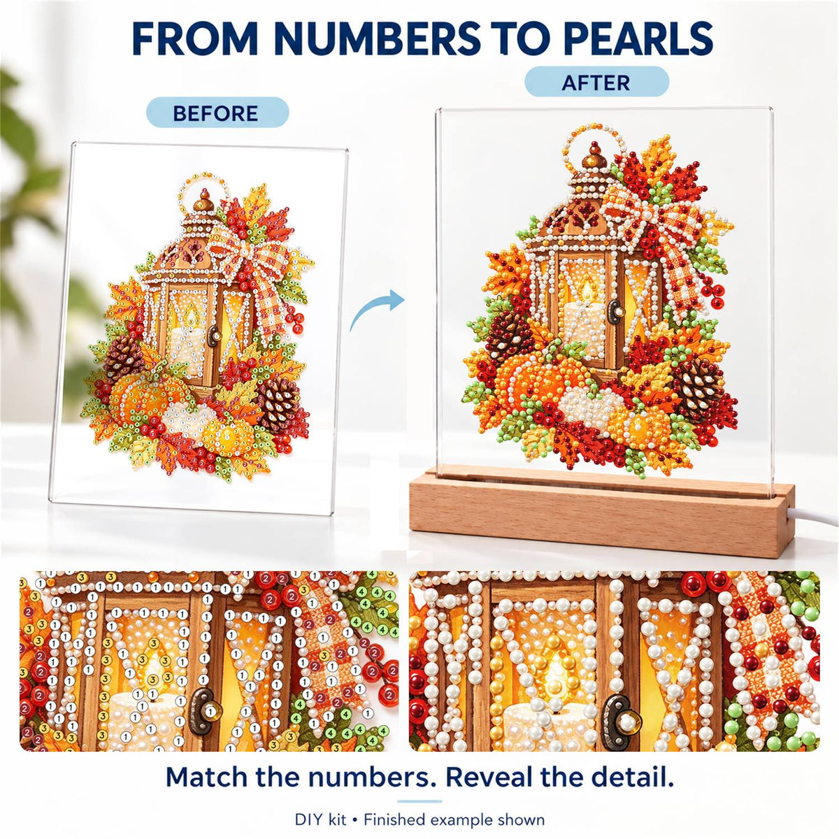 Candlelit Lantern in Fall Leaves (Light-Up Pearl Painting)