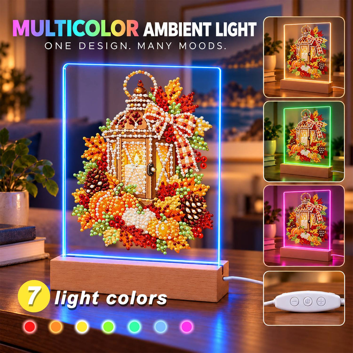Candlelit Lantern in Fall Leaves (Light-Up Pearl Painting)