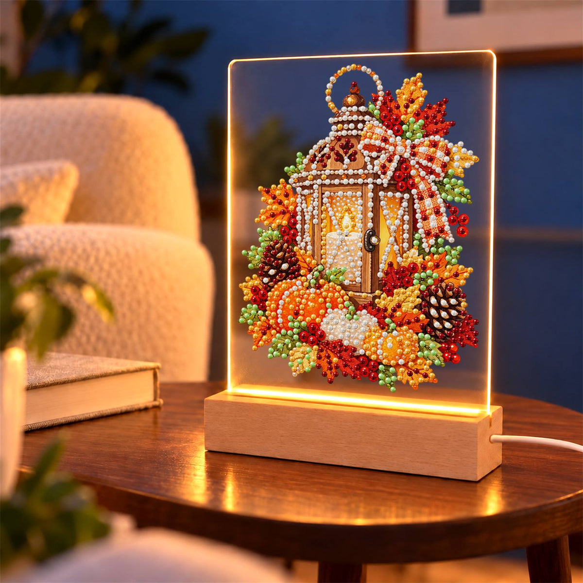Candlelit Lantern in Fall Leaves (Light-Up Pearl Painting)