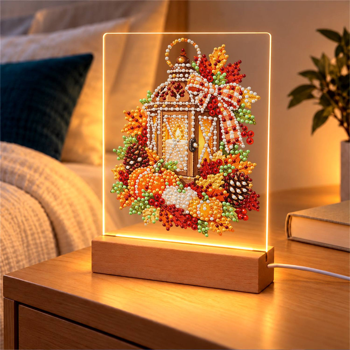 Candlelit Lantern in Fall Leaves (Light-Up Pearl Painting)