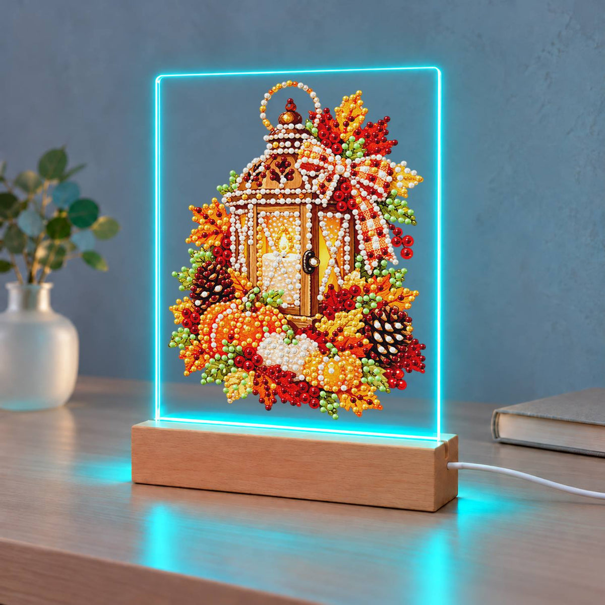 Candlelit Lantern in Fall Leaves (Light-Up Pearl Painting)