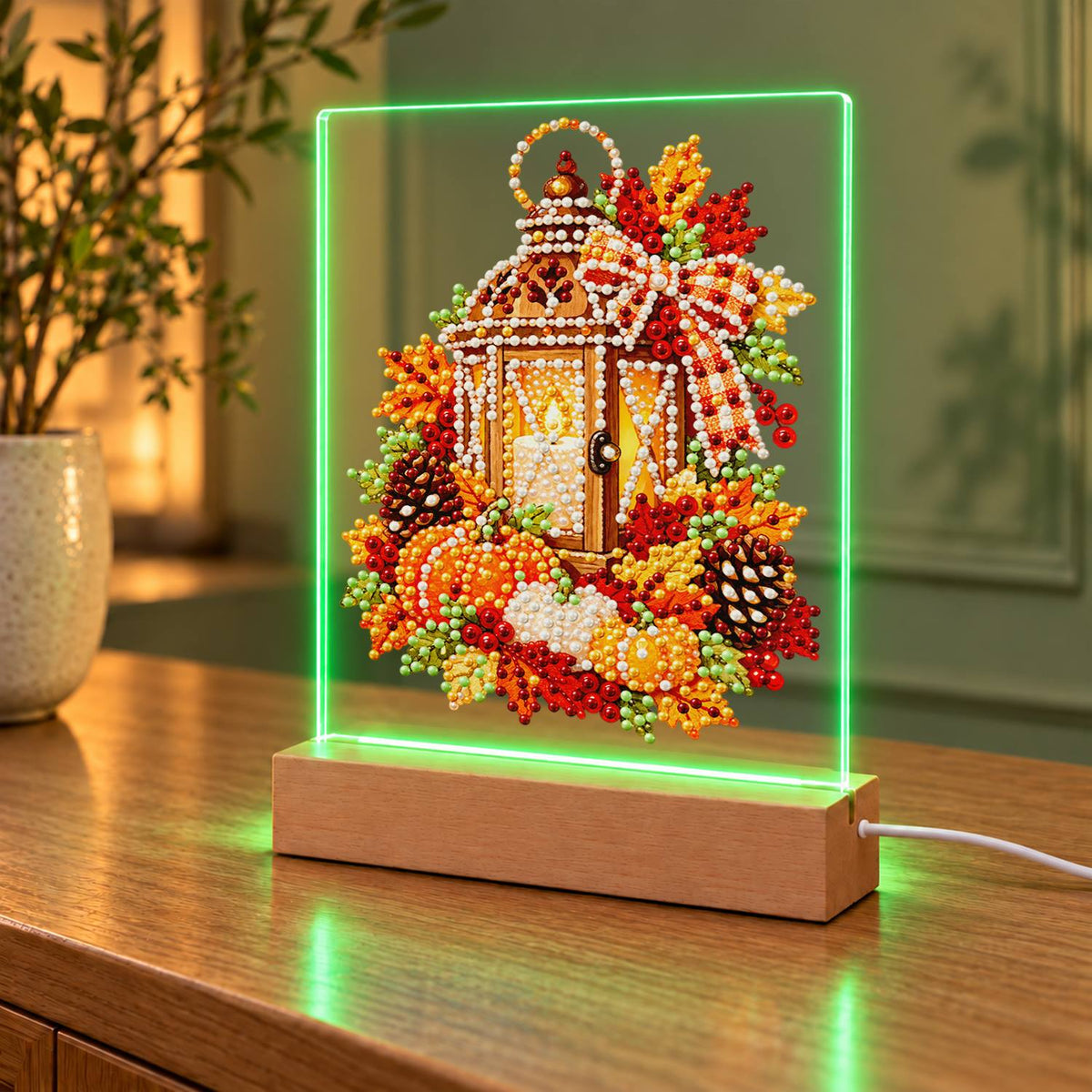 Candlelit Lantern in Fall Leaves (Light-Up Pearl Painting)