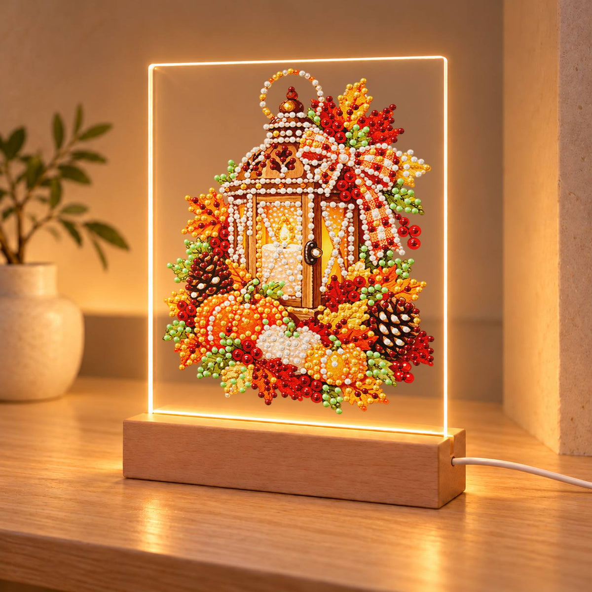 Candlelit Lantern in Fall Leaves (Light-Up Pearl Painting)