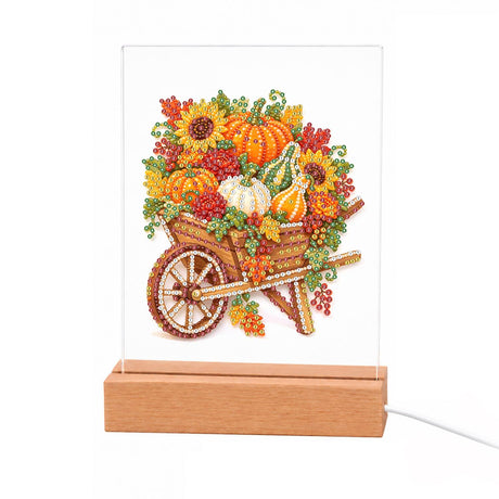 Harvest Wheelbarrow of Pumpkins light-up pearl painting – Wooden wheelbarrow piled with orange and white pumpkins, gourds, sunflowers and red berries