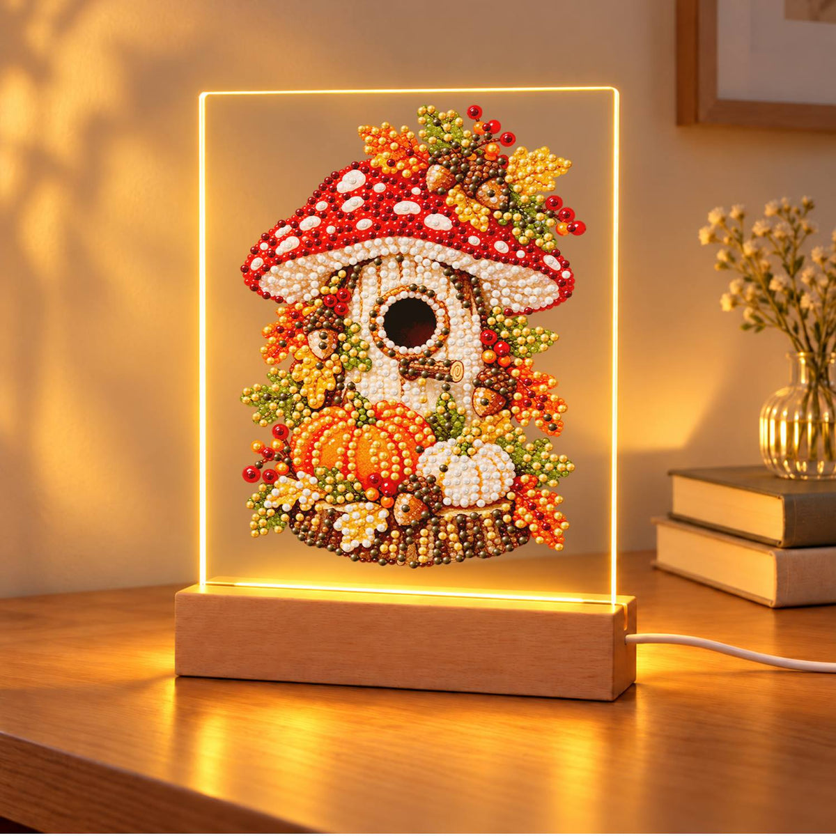 Toadstool Cottage with Pumpkins (Light-Up Pearl Painting)