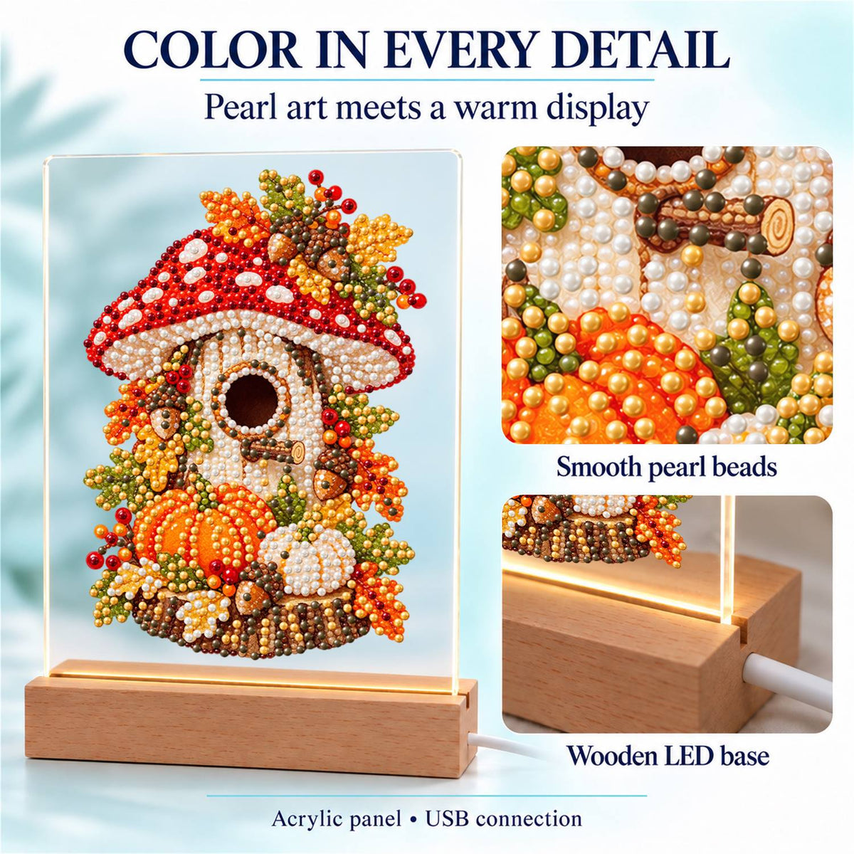 Toadstool Cottage with Pumpkins (Light-Up Pearl Painting)