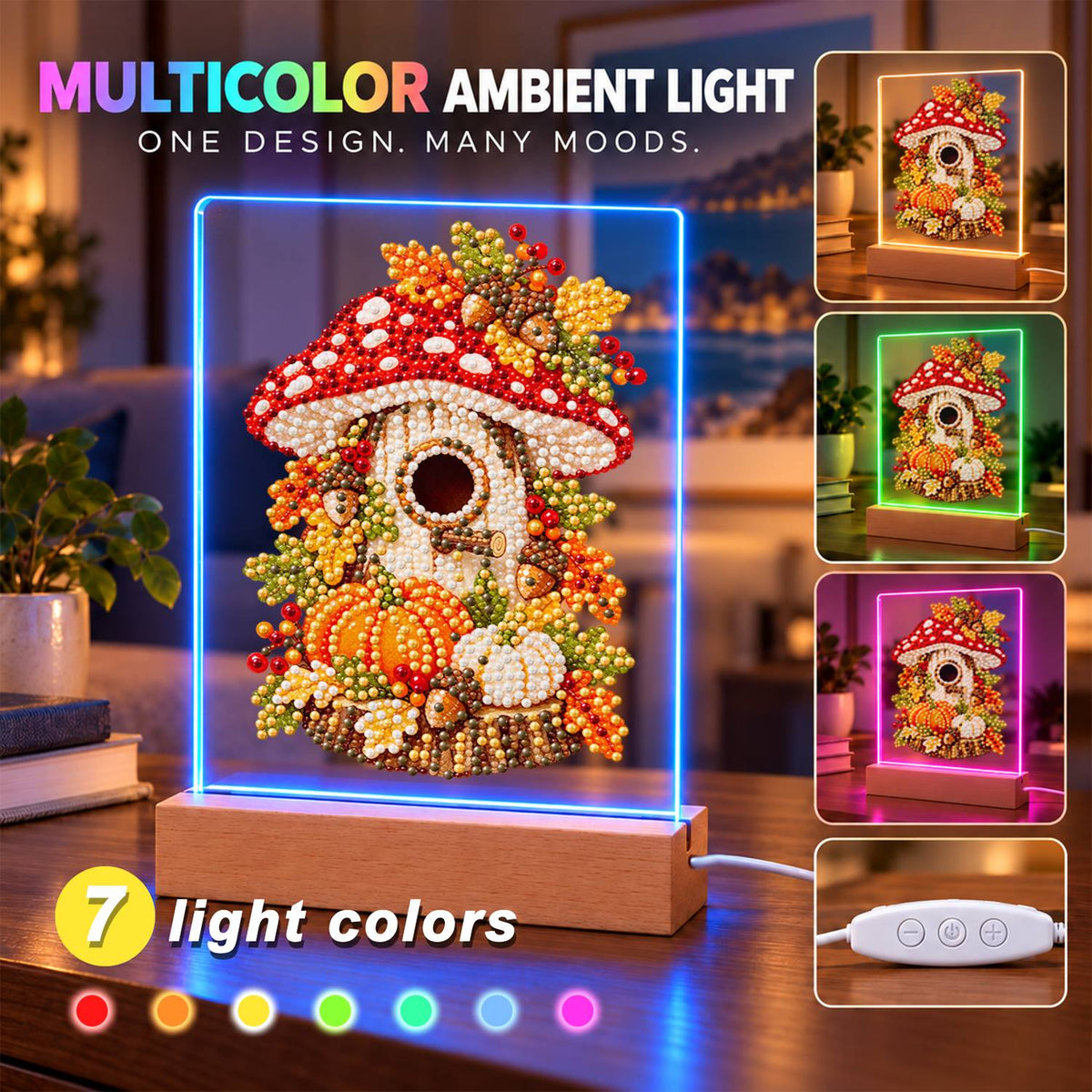 Toadstool Cottage with Pumpkins (Light-Up Pearl Painting)