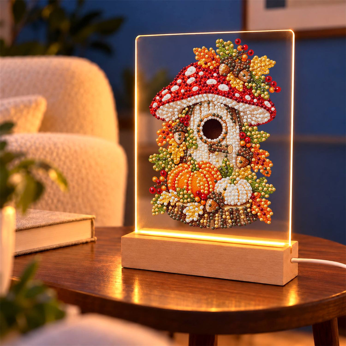 Toadstool Cottage with Pumpkins (Light-Up Pearl Painting)